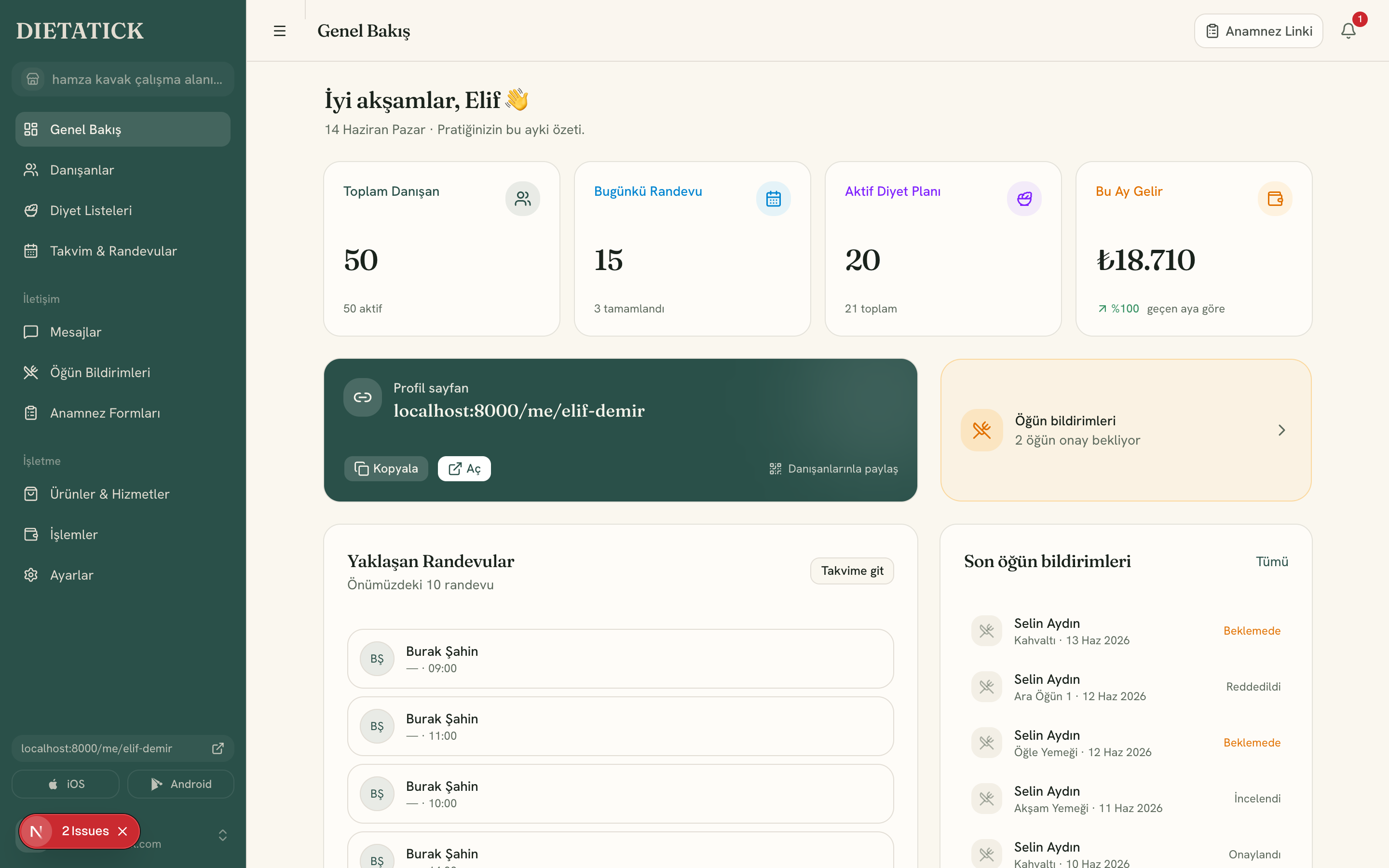 DietaTick web paneli — genel bakış